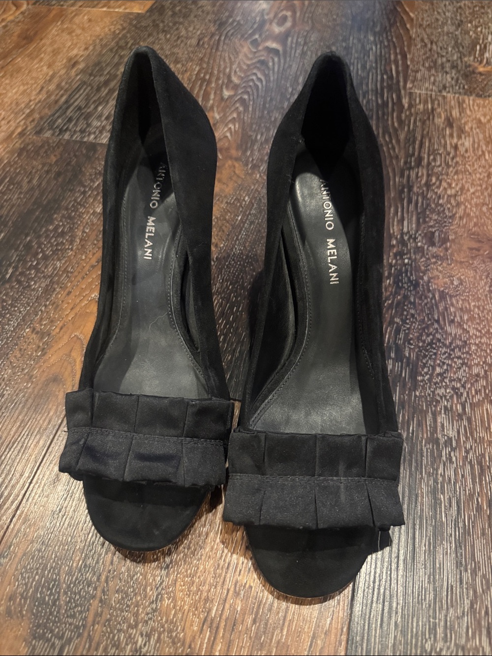 ANTONIO MELANI Black Suede Peep-Toe Pumps with Ruffle Detail